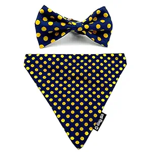 Goofy Tails X Design Chefz Polka Dot Bow + Bandana Combo for Dogs & Cats (Large/Extra Large, Blue & Yellow)