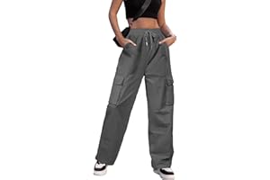 PASUDA Pantalon Cargo Femme Y2K Coton Baggy Pantalon Multi-Poches Taille Haute Ajustable Cordon Fille Pantalon Streetwear Décontractés Sportive Hip-hop Hiver Loose Trousers