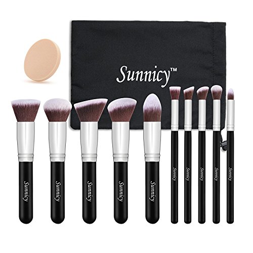 Sunnnicy - Set di 10 pennelli professionali con setole sintetiche per trucco, con borsa omaggio, colore: nero/argento