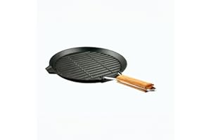 Baumalu, Grill Rond en Fonte 25 cm avec Manche Rétractable en Bois, Noir - Compatible tous feux & induction, idéal pour cuisson saine et uniforme, parfait pour barbecue et cuisine