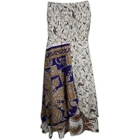 Ladies Swirling White Blue Sheering Dress Bandeau Strapless Printed Reversibl Vintage Sari Two Layer 2 in 1 Skirts (White,Blue)