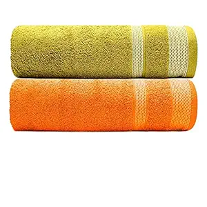 MAFATLAL Daffodil Series - Cotton Towel Set for Couples/Adults , Set of 2 Towels for Men & Women Large Size (75 x 150 cms) , 600 GSM Towels for Bath (Orange & Olive Green)