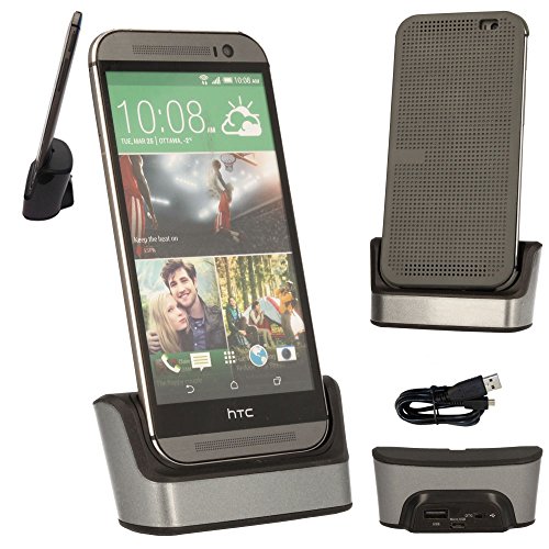 Preisvergleich Produktbild ® HTC One M9 Techgear Desktop-Ladeschale / Dockingstation zum Aufladen und Synchronisieren & Silber, mit OTG Funktion, integrierter USB-Datenkabel / Ladekabel (für HTC One, M9, 2015 Edition]