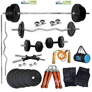 BODY MAXX50KG Rubber Weight Plates Home Gym Fitness Package 4 RODS, Gym Bag, Gym Accessories