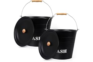 Flatro Ash Bucket with Lid for Fireplaces | (Pack of 2) 12L Metal Bucket for Hot Ashes (with Wooden Handle) | Does the Job Well for Coal, Wood, Ashes, Kindling & More