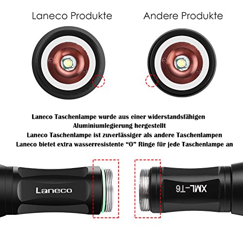 Laneco E6 Wiederaufladbare LED Taschenlampe, Super Hell Taktische Taschenlampe mit 18650 Li-Ionen-Akku und Ladegerät, Tragbare Wasserdichte Taschenlampe mit Einstellbarem Fokus und 5 Lichtmodi für Campen Wandern usw - 9