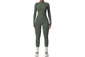 Belriviere Women Long Sleeve Workout Jumpsuit Zip Up Romper Bottom Pants Bodysuit Bodycon Athletic Sexy One Piece Outfit