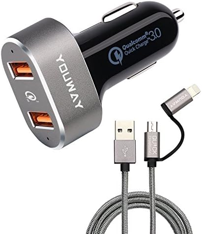 Car Charger Adapter Quick Charge 3.0 36W Rapid Dual usb Ports With 2-in-1 lightning micro usb cable 3ft for iPhone X/8/7/6s/Plus/SE,iPad Pro/Air 2,Samsung Galaxy Note 8 &amp; More-SPACE GREY