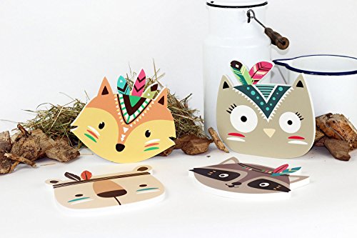 Wanddeko in 3D für das Kinderzimmer *** NEUHEIT ***- 4er-Set mit 3D-Effekt -Süße farbige Indianer Tierköpfe in TOP Qualität auf 10mm starken Platten – MADE IN GERMANY - 9