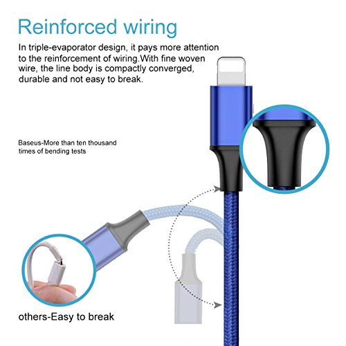 3-in-1 USB Typ-C Ladekabel-Lebenslange Garantie-TUOYA Multi 3-in-1 Lightning & Micro USB Nylon Geflochtenes 2A Ladekabel mit 8 Pin Ligtning / Typ C / Micro USB Stecker für iPhone iPad, Type C und Android Smartphones (2xBlau) - 4