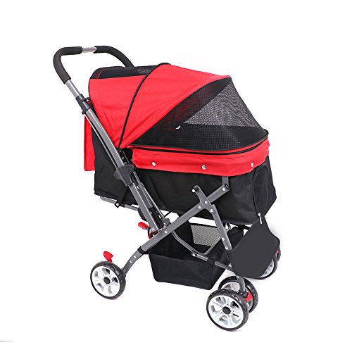 IREENUO Carrello per Animali Domestici Pieghevole per Cani Gatti Quattro Ruote Antiurto Ruota Anteriore 360 Gradi di Rotazione Pet Travel Passeggino per 30kg (Rosso)