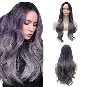 Ombre Purple Long Wavy Middle Part Wigs for Women, 2 Tones Purple to Grey Wig with Headband, Synthetic Heat Resistant Hair Wigs Cosplay Halloween Party(24 Inch)