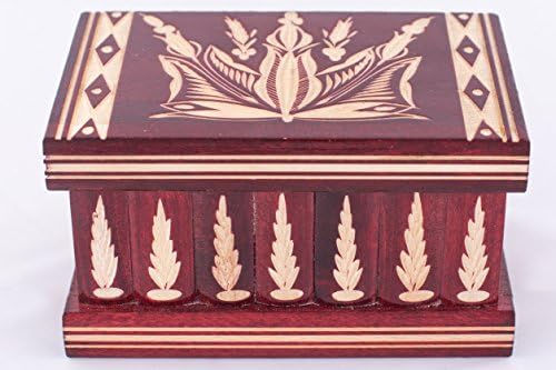 Jewellery And Puzzle Box 2 In 1 - Handmade Wooden Case With Hidden Key And Removable Compartments - Beautiful Classical Wooden Carved Jewelry Puzzle Box By Kalotart - May I Keep Your Secret? Est.1770 (Ruby Red)