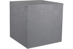 EDA - Pot Carré 50 cm Volcania 57 L - Décor Imitation Pierre - Double Paroi - Zone de Rétention d'eau - 49,5 x 49,5 x 49,5 cm - Gris Galet