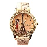 Charm Damen Strassstein Uhr Eiffelturm Zifferblatt Uhr mit Blumen beschichtet Kunstleder Band Armbanduhr Mode 4