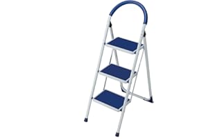 Bakaji Escabeau pliable peu encombrant avec marches antidérapantes et poignée de sécurité, tabouret échelle structure en acier et revêtement en caoutchouc, charge maximale 150 kg (3 marches bleues)