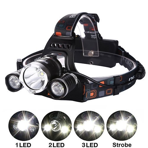LED Stirnlampe, 5000lm 3x CREE XM-L T6 Scheinwerfer, 4 Modi mit Verstellbaren Trägern, Wiederaufladbare Wasserdichte Scheinwerfer für Laufen, Camping, Wandern, Angeln, Radfahren, Jagen
