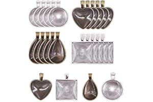 DEOLVEN Vassoi di Ciondolo,24 Pezzi Pendenti Vetro Cabochon Cupola Piastrelle con Cupola Vetro Pendenti Metallo per Crezione di Gioielli Fai Da Te Gioielli Gufo Chiave Tonde Quadrate Cuore+Goccia
