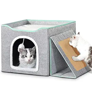 ROMANTIC BEAR Upgrade Cat Cube, Foldable Cat Bed for Indoor Cats, Cat House Indoor with Fillable Fluffy Ball Hanging and Removable Scratch Pad, 16.5x16.5x14 inches, Grey (Grey)