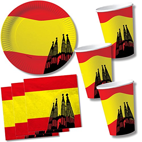 40 tlg. SPANIEN-Set Pappteller + Servietten + Pappbecher für Party und Geburtstag // Teller Becher Essen Pappe Geschirr Deko Dekoration Einweg Mottoparty Spanische Nacht Espana