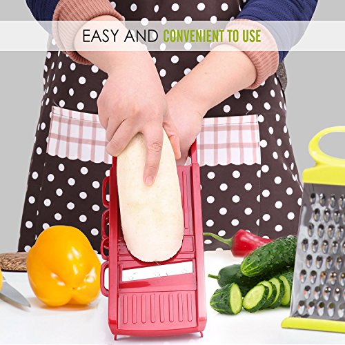 Nuovoware Multischneider für Gemüse Obst, Verstellbarer 5 in 1 Profi-Mandoline Reibe Gemüseschneider mit 5 Edelstahl Klingen, Nahrungsmittelsicherheits-Halter und eine Push-Sicherheit, Rot - 5
