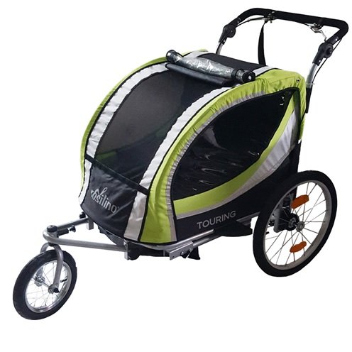 Fahrradanhänger TOURING grün mit Zubehör (Buggyrad, Joggerrad mit Bremse, Regenverdeck, Faltgarage, Sitzpolster u.v.m.), rosilino Kinderfahrradanhänger - 3