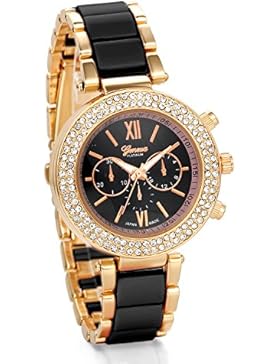 JewelryWe Damen Armbanduhr, Luxus Elegant Business Casual Analog Quarz Uhr mit Strass römischen Ziffern Schwarz...