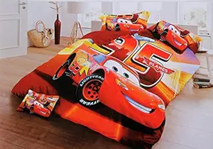 Riftree Glace Cotton Cartoon Print Kids 1 Double bedsheet with 2 Pillow Covers (red car)