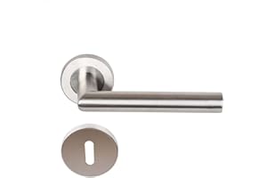 Paire de Poignées de porte sur Rosaces Rondes " Elsa Angle Vif " inox 304 KLOSE BESSER - +1 Paire de rosaces à trou de clé