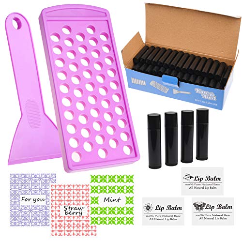 Kare & Kind Kit de remplissage de baume à lèvres - 1x Plateau de remplissage, 1x spatule, 50x tubes de baume à lèvres (noir), 50x autocollants pour écriture (3 couleurs), 50x autocollants imprimés