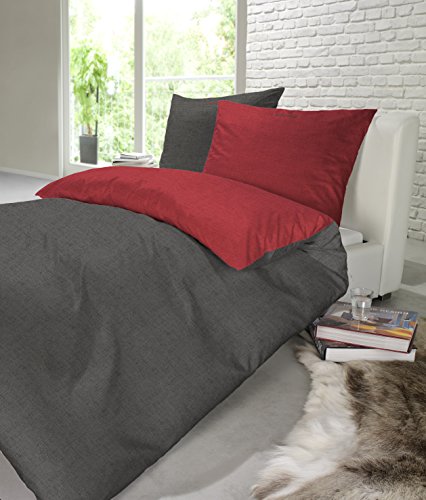 Schiesser Renforcé Bettwäsche Doubleface rot – anthra / 2-teilig / 100% Baumwolle / versch. Größen erhältlich, Größe:135 x 200 cm + 80 x 80 cm - 2