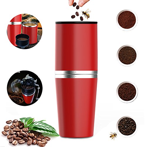 Manuelle Kaffeemaschine, Portable-Set All-in-One Kaffeemaschine Tumbler Handmühle Schleifer Nein Electric Outdoor Cappuccino Camping Wandern Reisen unterwegs ... (Rot)