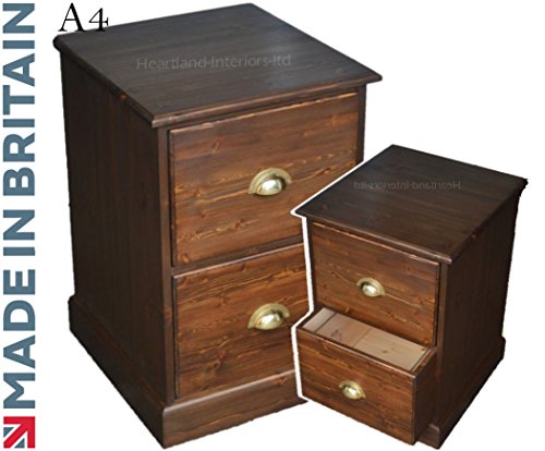 Solid Pine Filing Cabinet, 2 Drawer Handcrafted & Waxed A4 Filing Unit. Choice of Colours. No flat packs, No assembly (FC-A3T) (Dark Oak Wax)