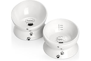 Y YHY Raised Cat Food and Water Bowl Set, Tilted Elevated Cat Food Bowls No Spill, Ceramic Cat Food Feeder Bowl Collection, Pet Bowl for Flat-Faced Cats and Small Dogs, Set of 2, White