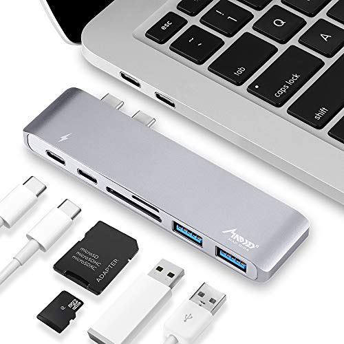 MAD GIGA Hub USB C para MacBook Pro, Adaptador 6-in-1 hubs con 2 USB 3.0 ports, 2 Type-C ports, 1 SD slot y 1 Micro SD slot,40Gbps Transmisión de Datos