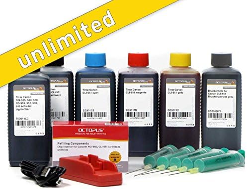 Complete set including chip resetter and 6 x 250 ml ink for Canon PGI-550 CLI-551 cartridges, refill ink for Canon Pixma IP 8750, MG 6350, MG 7150, MG 7550 (non OEM)