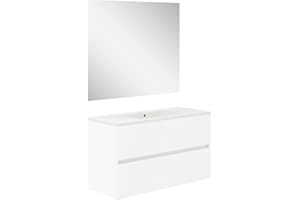 Baikal, Conjunto de baño Natura. Mueble de Baño de Fondo Reducido, con Lavabo cerámico. Distribución Dos Cajones. Mueble MONTADO. Dos Cajones con Espejo. Fondo 39cm 100 cm Blanco