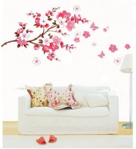 Pink Cherry Peach Blossom Plum Flowers Butterfly Wall Stickers Decal Room Decor (Large-60cm x 90cm) by Flyyfree