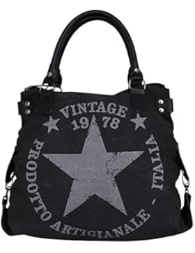 LUXUS VINTAGE STERN DAMEN TASCHE STAR STOFFTASCHE CANVAS SHOPPER HANDTASCHE