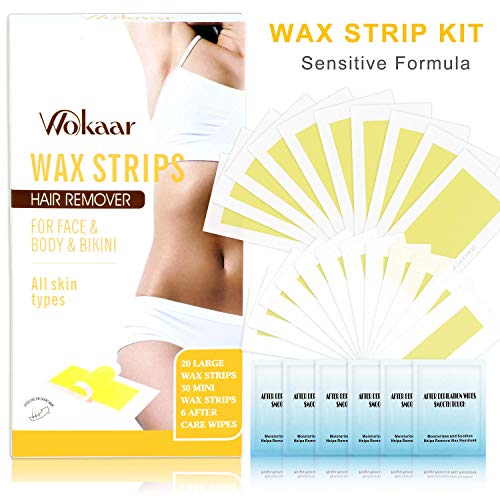Wokaar Wax Strips Hair Removal Waxing Kit for Full Body Face Bikini 50 Count Double Sided Strips + 6 Post Care Wipes, Chamomile Flavour