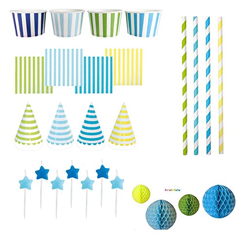 JaBaDaBaDo Partypaket "Streifen" blau oder pink bunt Partyset ausgefallen Kindergeburtstag Deko Tischdeko Geburtstag Mädchen Junge Partydeko Honeycombs Strohhalm Partyhütchen