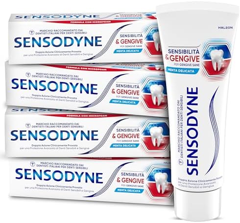 Sensodyne Dentifricio Sensibilità & Gengive, per Denti sensibili e Fastidi Gengivali, Igiene Dentale Quotidiana, Gusto menta, Maxi formato 4x75ml