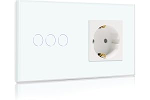 BSEED Interruptor con Enchufe,3 Gang 1 Vía Interruptor de Luz con Enchufe de pared,Blanco Interruptor tactil de Luz pared con indicador LED,enchufes de extensión con panel de vidrio templado