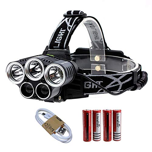 YHTSPORT Lampe Frontale, Rechargeable 6 Modes 4000 Lumens 5 T6 Phares à LED,Câble USB Inclus et 4 18650 Batteries,Parfaite pour VTT Cycliste, La Course, La Marche, Le Camping