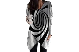 Minetom Langarmshirt Damen V-Ausschnitt Druck Lose Langarm Oberteile Oversize Lang Sweatshirt Tops Asymmetrisch Saum Jumper Pullover Mit Taschen