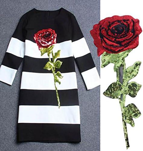 Crasy Shop1PC DIY Rose Flower Embroidered Motif Applique Patch Iron-On Sequin Patches for Clothing Accessories -Red