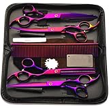 Dog Grooming Scissors, Fancyli Rainbow 7 inches Pet Stainless Steel Curved Scissor Suit Provided With Curved Thinning Shear and Steel Grooming Comb Set (Purple)