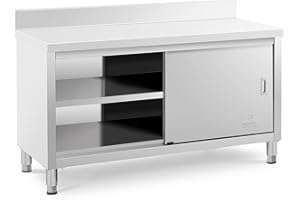Royal Catering Meuble Bas En Inox Plan De Travail Professionnel Cuisine Armoire Basse Adossée RCSSCB-150x60-E-B (600 kg max., 150 x 60 x 85 cm, Dosseret 10 cm, 2 Portes Coulissantes, Acier Inoxydable)