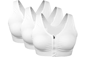 VEQSKING 3 Pack Women's Sports Bra Zip Front Non Wired Comfy Post Surgery Bra with Removable Pads
