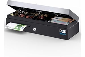 POS VALLEY POS VALLLEY - Tiroir Caisse Automatique professionnel Flip-Top ouverture verticale pour Imprimante et enregistreur de caisse, intérieur 7 billets/8 pièces (euros), noir/acier inoxydable, 46x17x10 cm